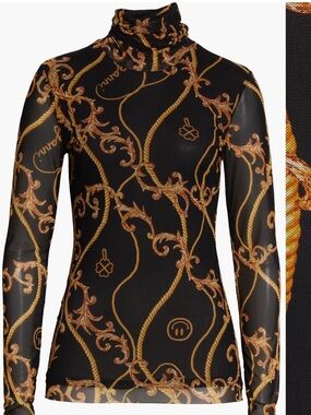 Ganni Signature Scroll Print Mesh Turtleneck Top